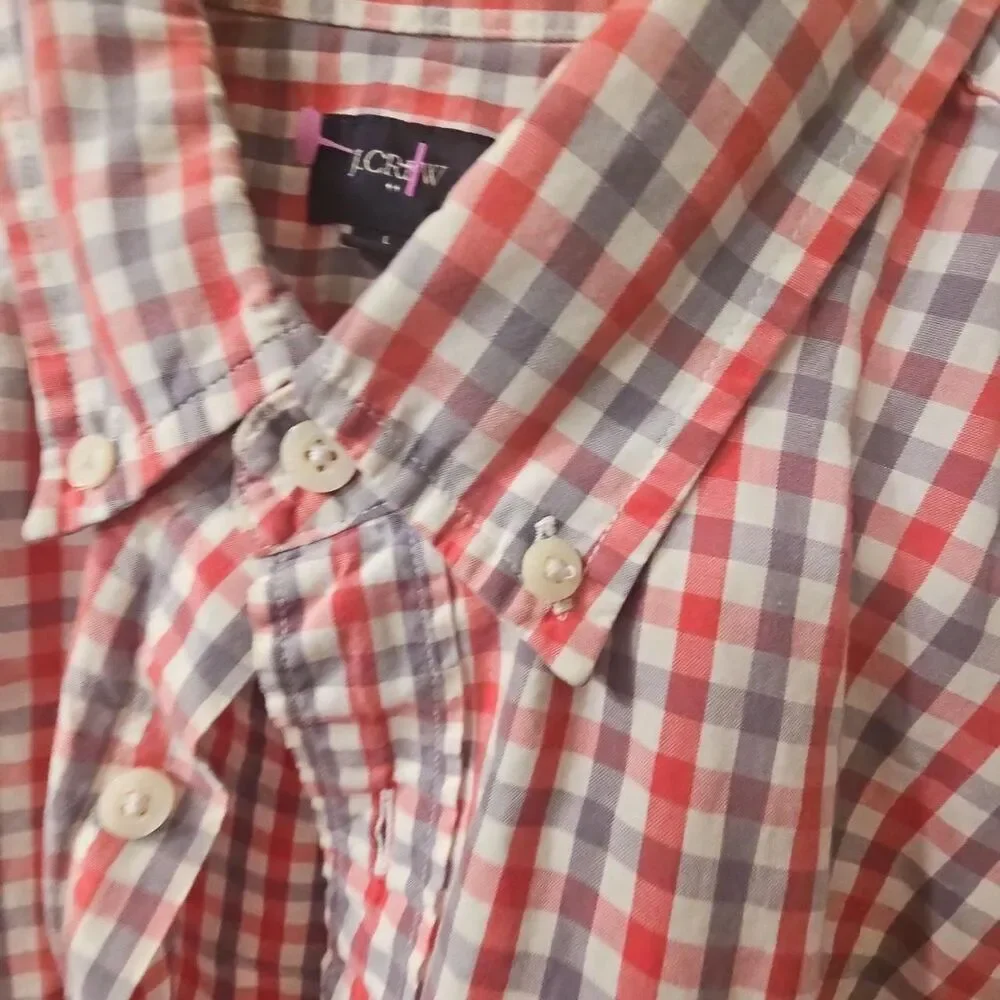 J.Crew Men's Slim Fit Red White and Blue Gingham Button Down Long Sleeve Shirt